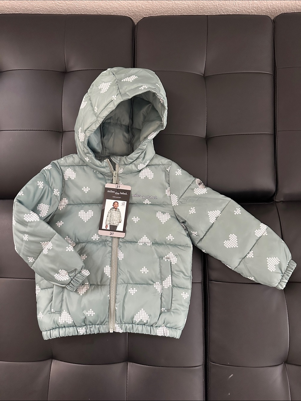 Toddler Hooded Puffer Jacket in Mint with Heart Print - 3T